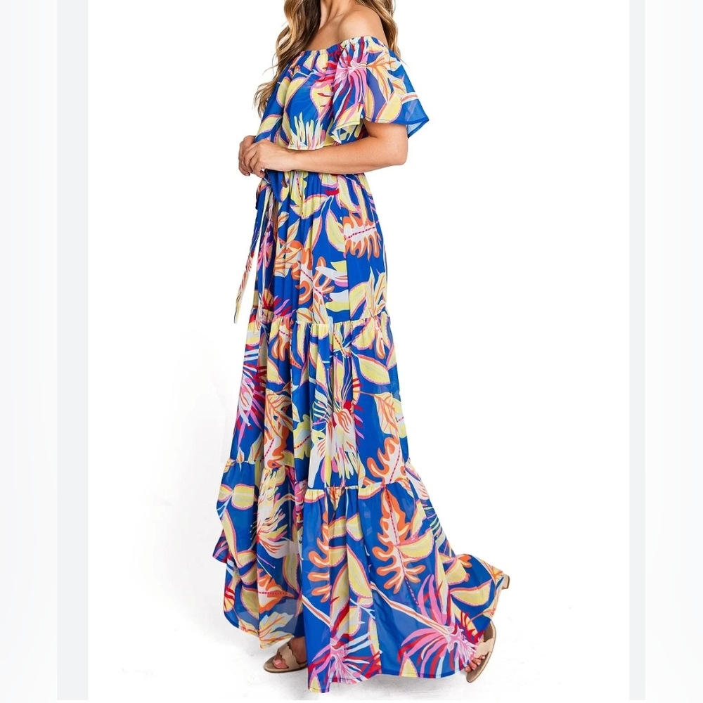 Royal Blue Floral Printed Off Shoulder Dress